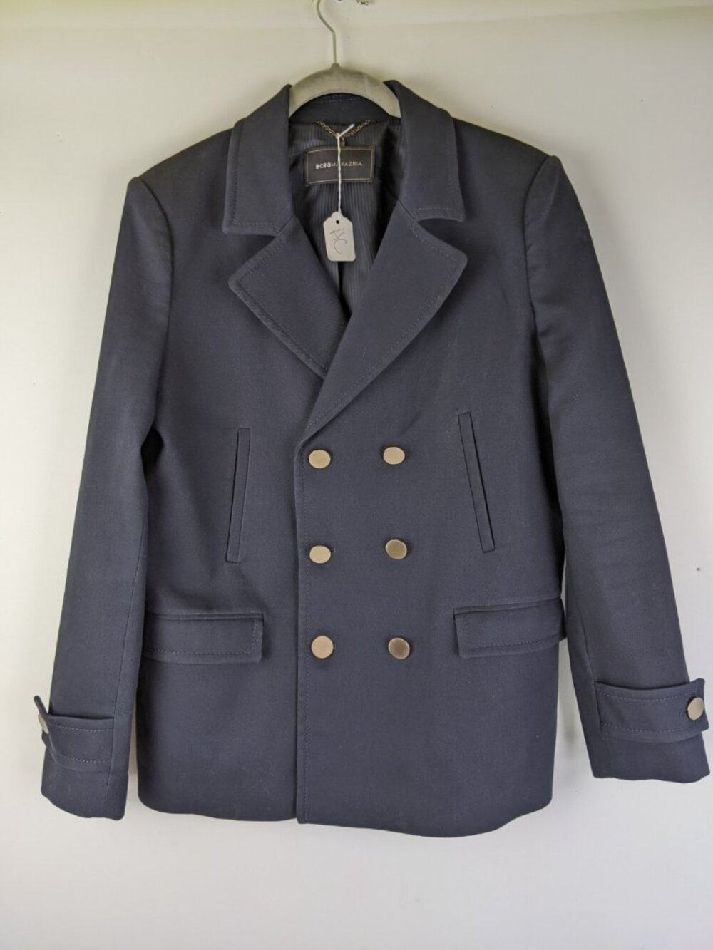 BCBGMaxAzria Dark Navy Double Breasted Cotton Peacoat Womens Size Medium Hugo